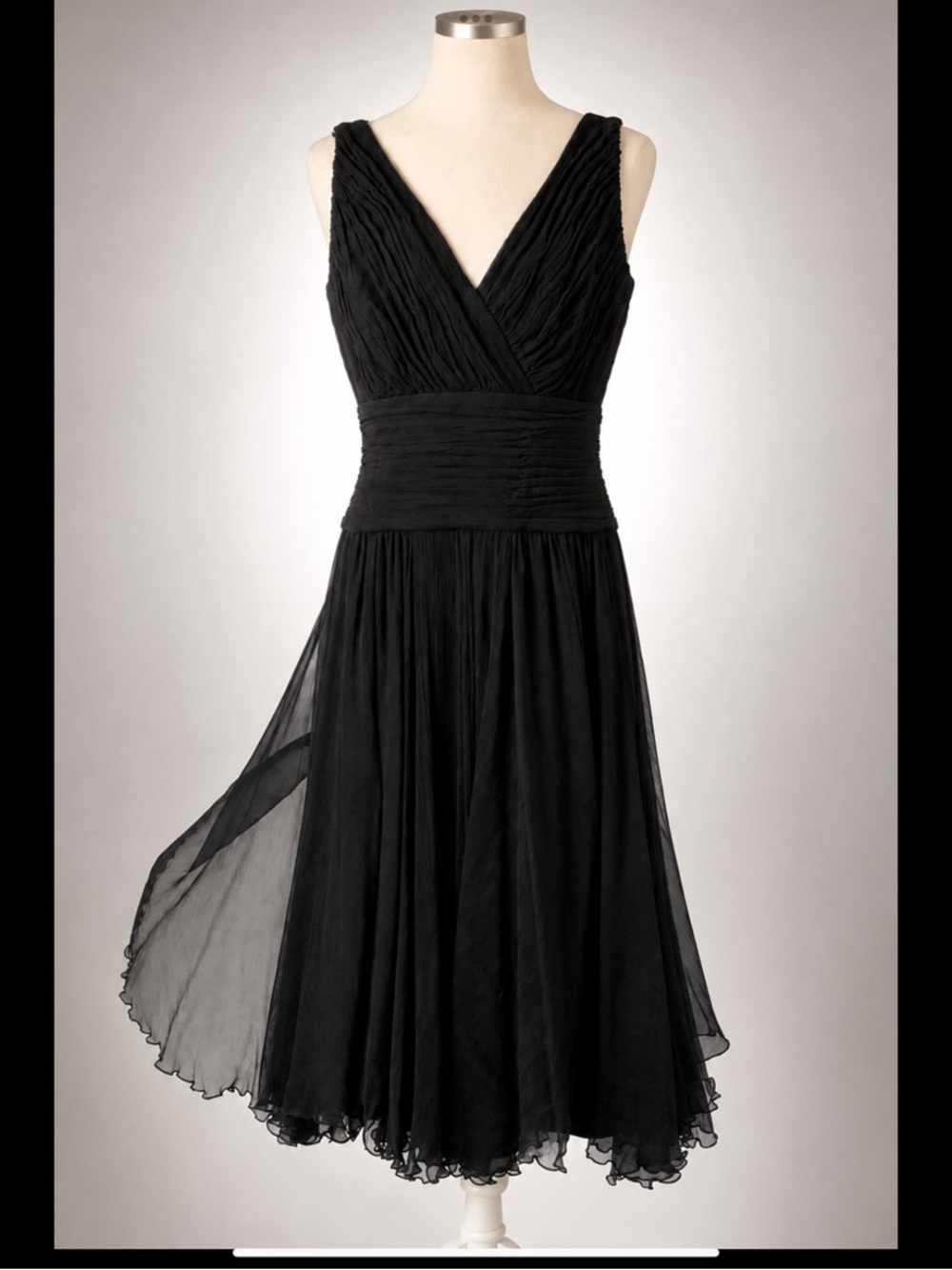 Tadashi 100% Silk Chiffon Cocktail Dress Black Tea Length Sz 12 Elegant Evening